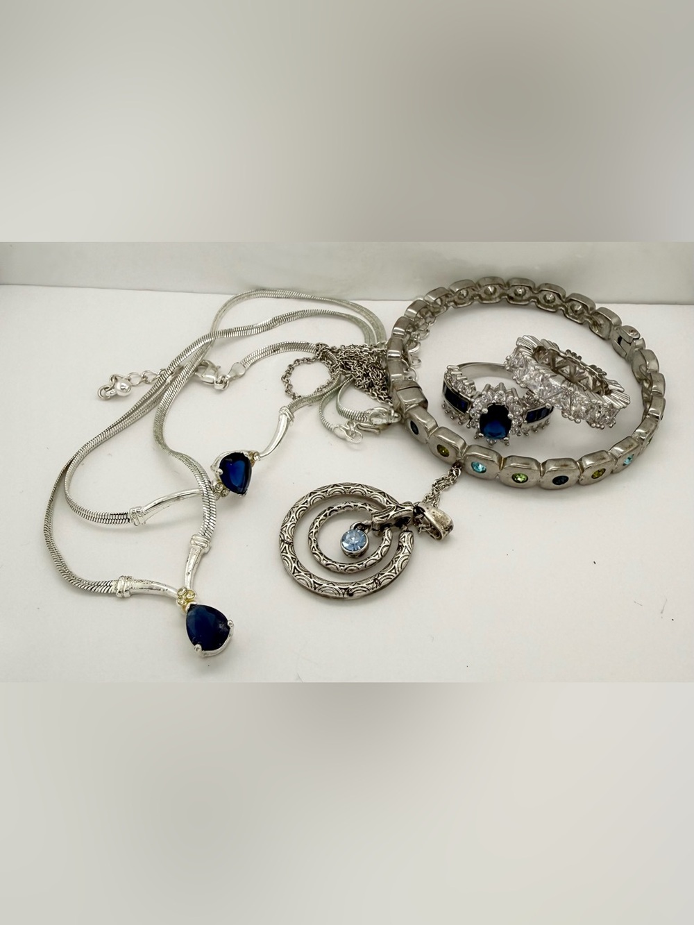 9.25 Sterling & Silver Tone Mix Blue Rhinestone Pendant Necklace Eternity Ring